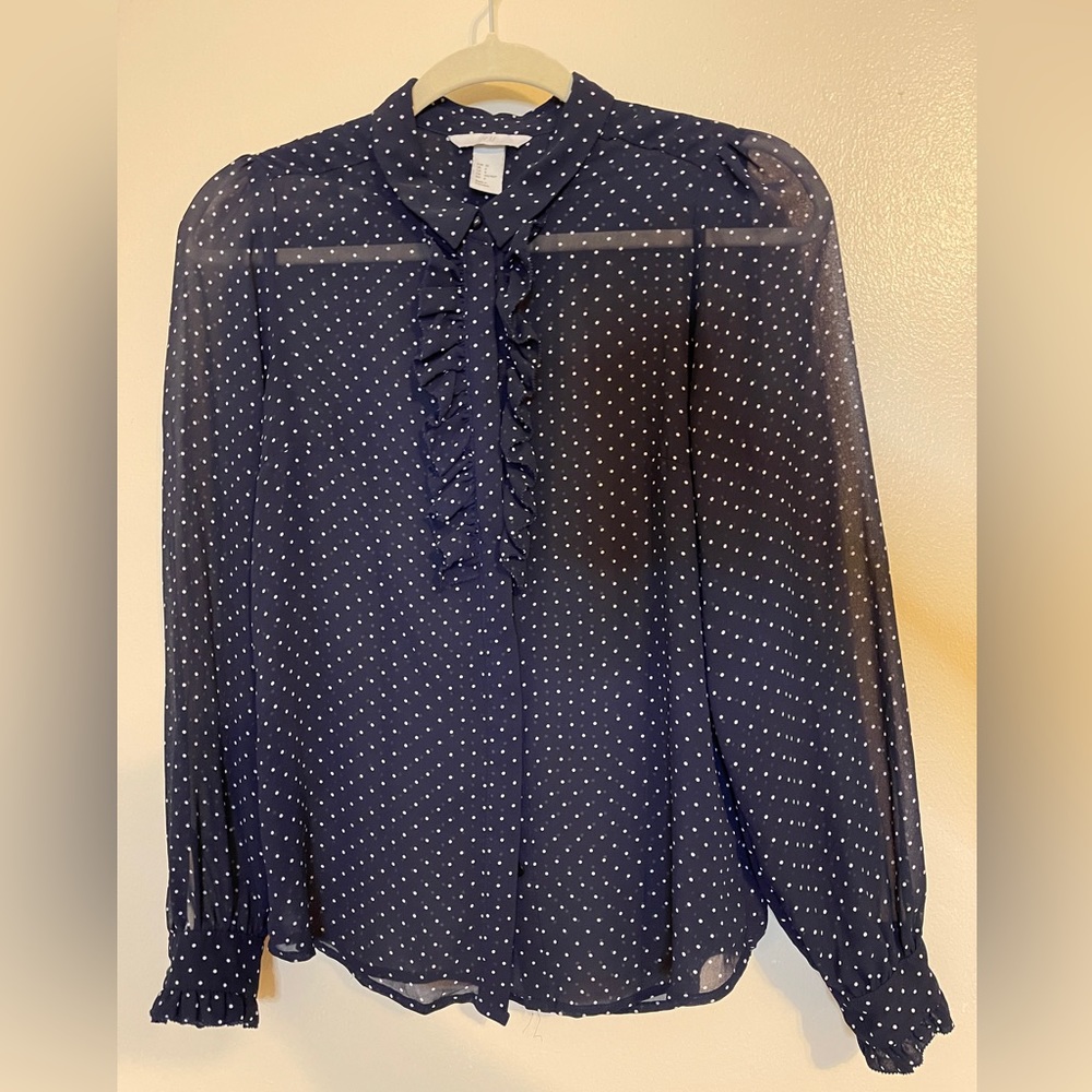 H&M Navy Blue Sheer Polka Dot Ruffle Blouse